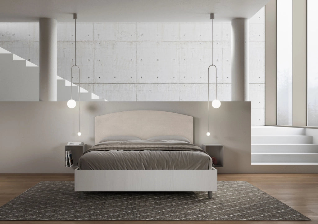 BS COM Letto matrimoniale contenitore 160x190 bianco frassino testata microfibra sabbia