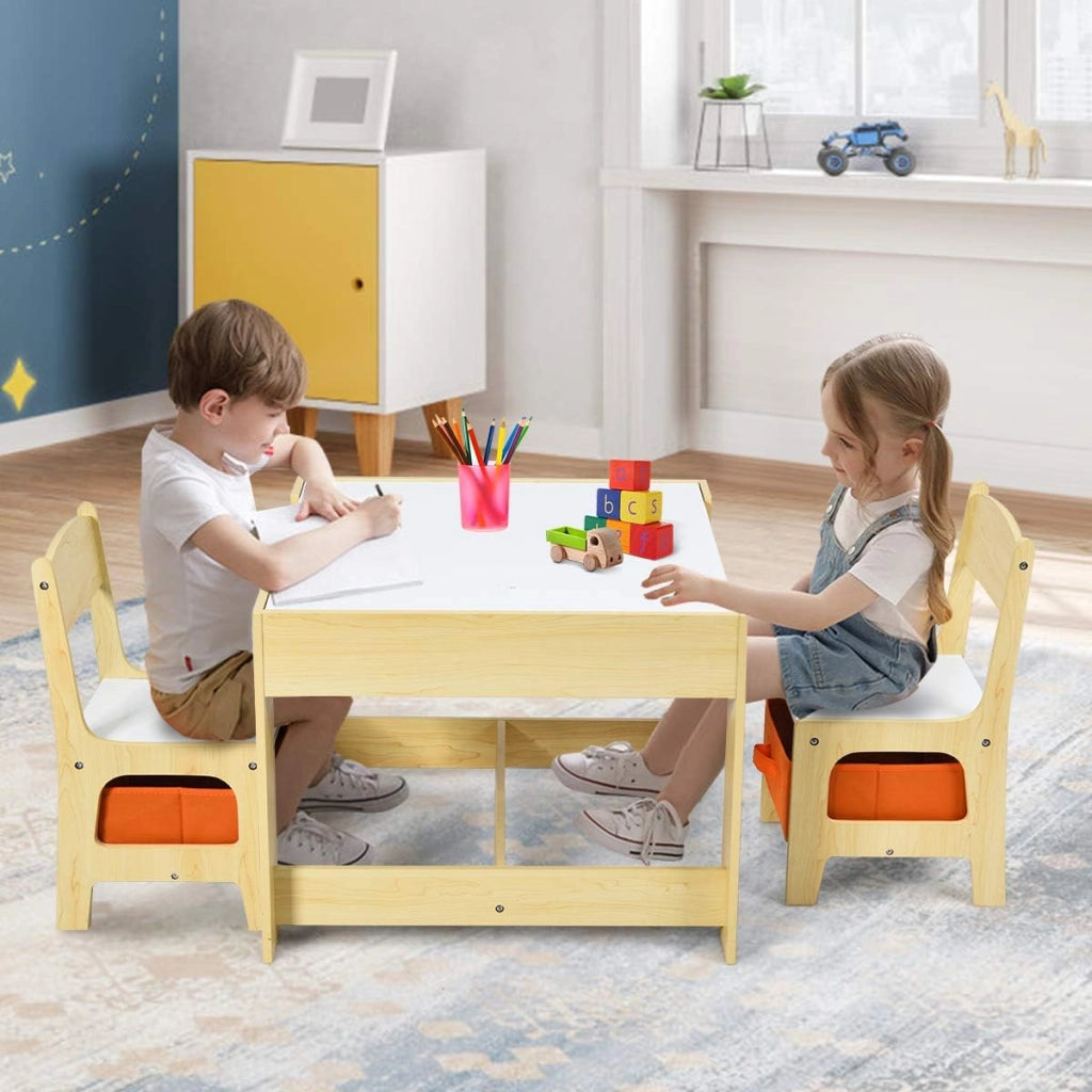 3 in 1 Tavolo e Sedie per Bambini, Set Mobili di 3 Pezzi Camera, Tavolino Bianco e Nero da Gioco, Multiuso, Cosigliata Età 3-7 Anni, in Legno