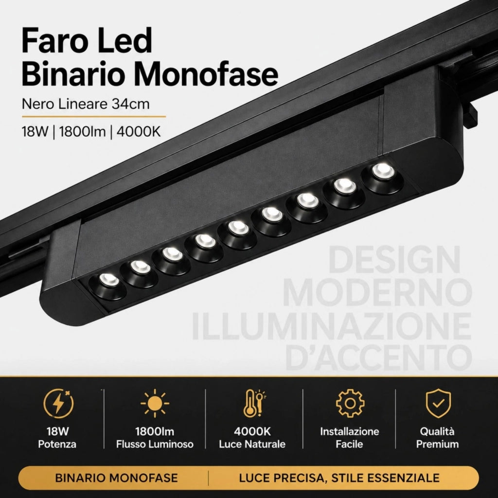 Faro Led Binario Monofase, Nero Lineare 34cm 18W 1800lm 24° Orientabile, Disponibili 3000K 4000K (Bianco Neutro 4000K)