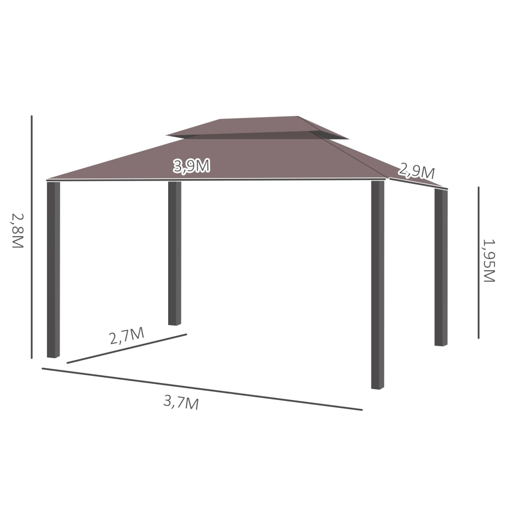 Pavillon da giardino in alluminio e policarbonato con tende e zanzariera coffee 195 × 390 × 290 cm