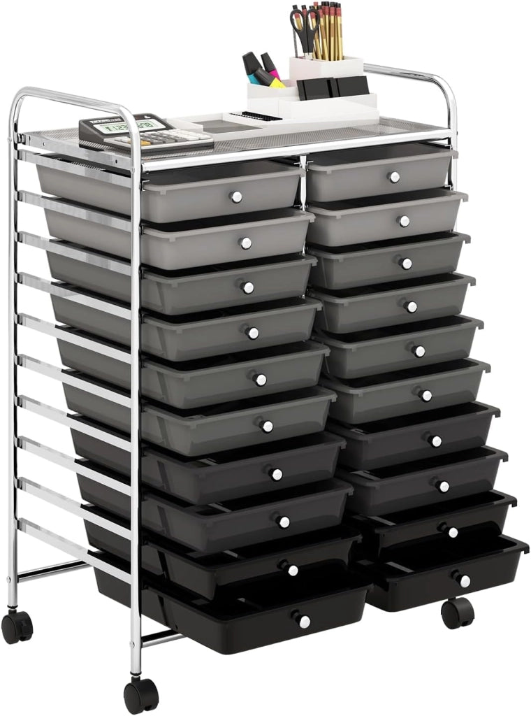 Carrello di Stoccaggio con 20 Cassetti, Carrello portaoggetti con 4 Ruote, Carrello Multiuso per Scuola Ufficio Cucina, 64 x 39 x 88 cm (Nero sfumato)