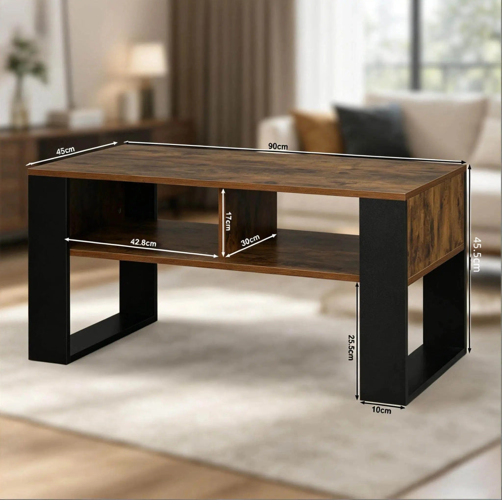 Tavolino da caffè 90 x 45 x 45 cm con 2 vani aperti; nero e marrone rustico