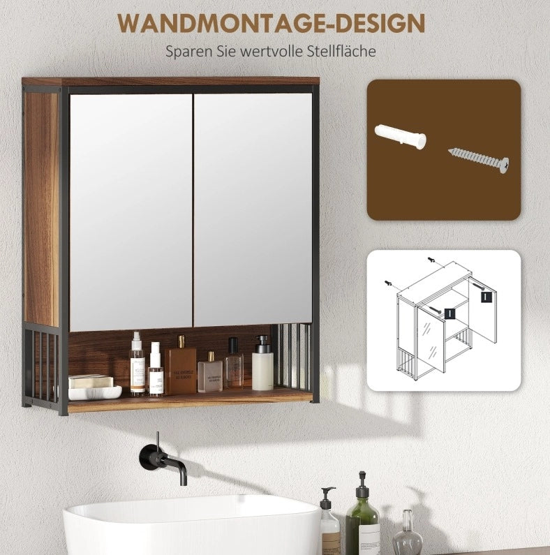 Mobiletto da bagno sospeso in MDF e truciolato marrone con specchio 25x40,5 cm