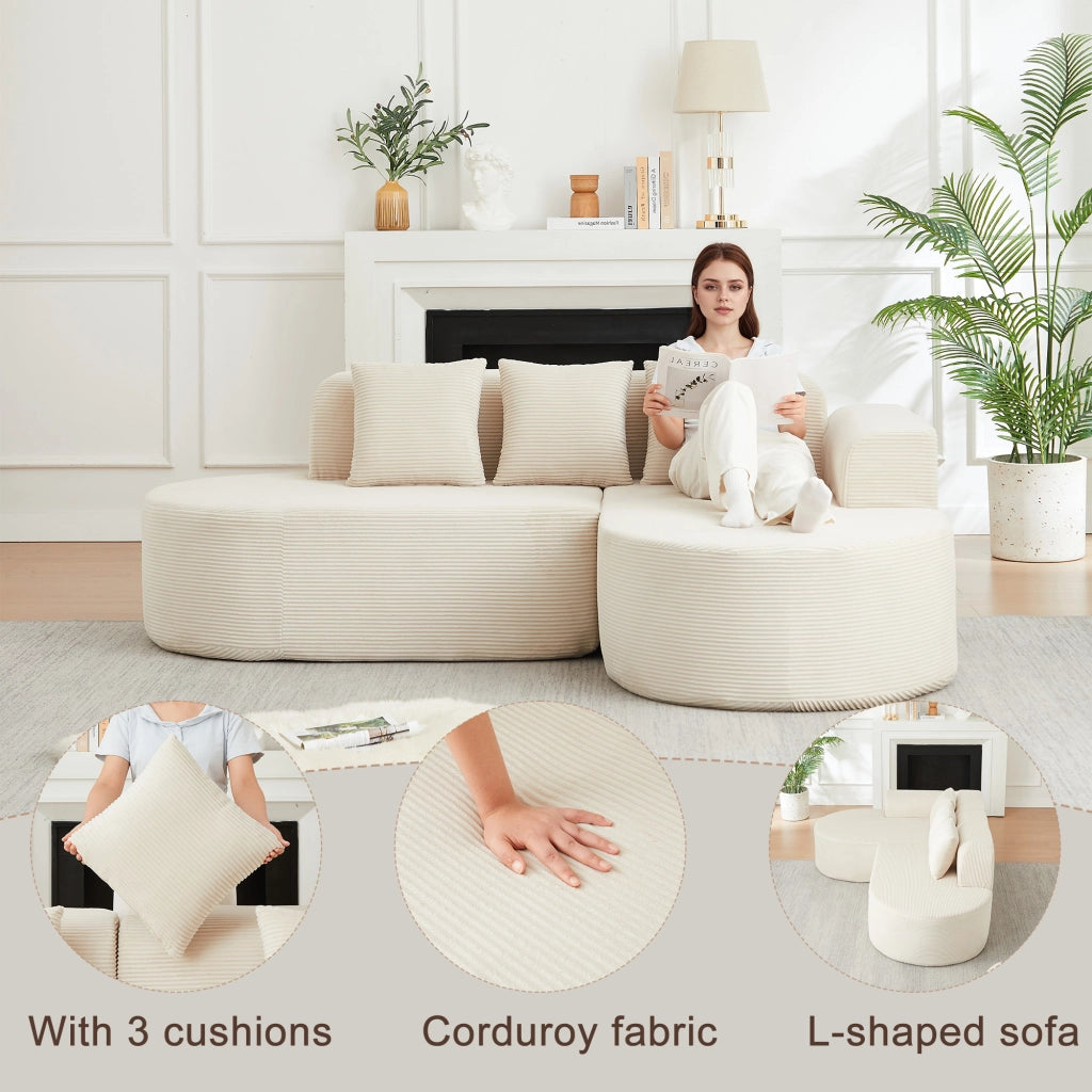 Divano angolare a L con chaise longue curva tre cuscini senza montaggio in velluto a coste beige 220 × 155 × 70 cm
