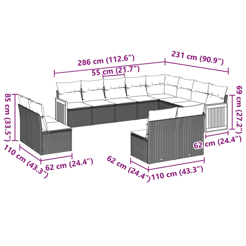 Set Divani da Giardino 12 pz con Cuscini Nero in Polyrattan