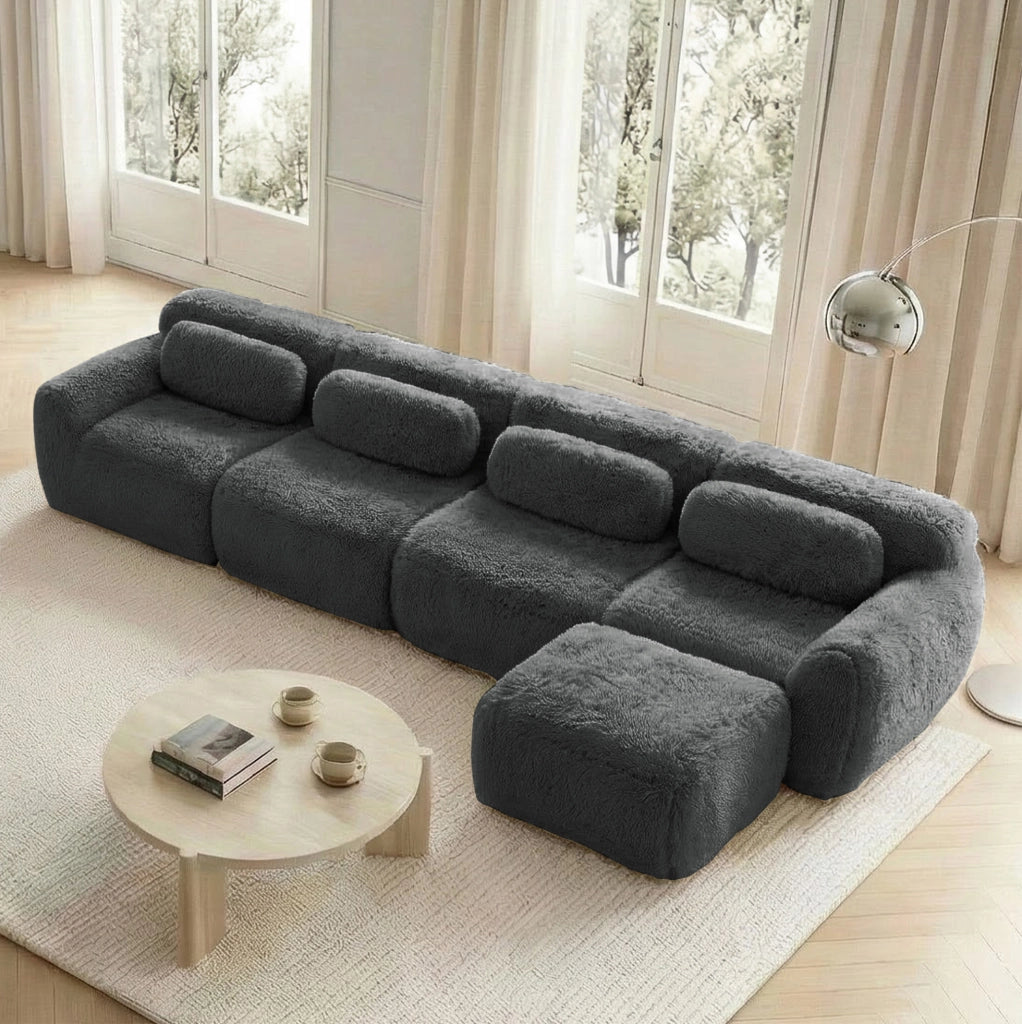 Divano angolare modulare 4 posti in tessuto plush grigio HOMVRA