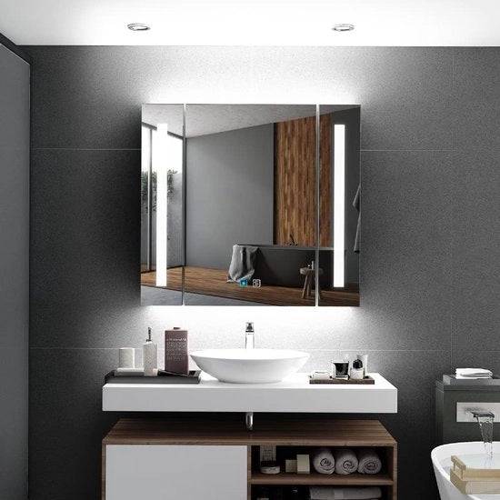 Specchio Bagno con Illuminazione LED - Interruttore di Sicurezza per Rasoi - Disimpegno dell'Acqua - Interruttore a Tocco - Striscia di Illuminazione LED Dimmabile - Montaggio a Parete - Dimensioni 600x650mm - Trucco