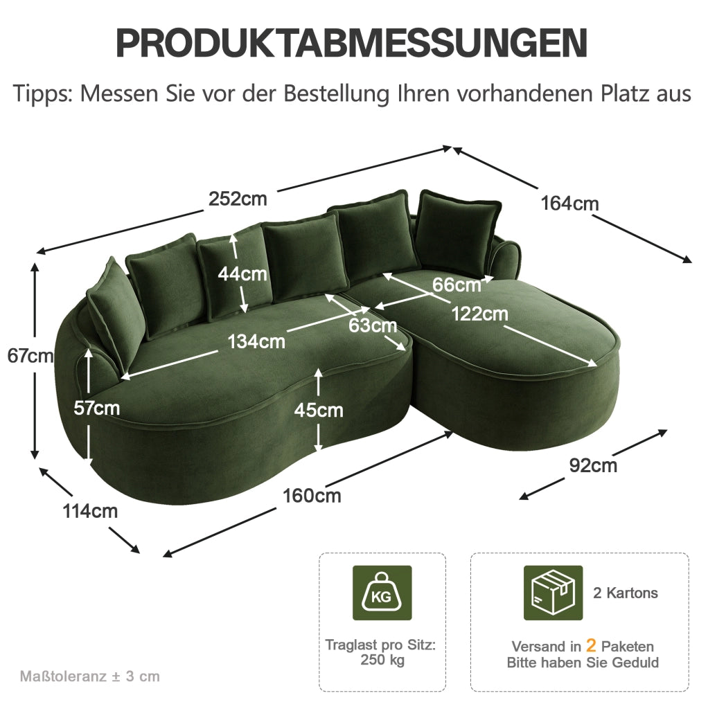 Divano modulare senza struttura con chaise longue profonda 122 cm in chenille verde