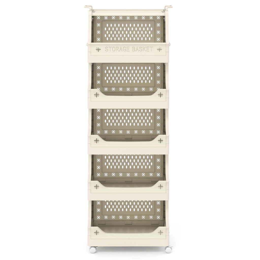 Cestino per bucato 6 piani carrello impilabile in plastica, Cestino per bucato organizzatore aperto per lavanderia Beige-Cesti del bucato