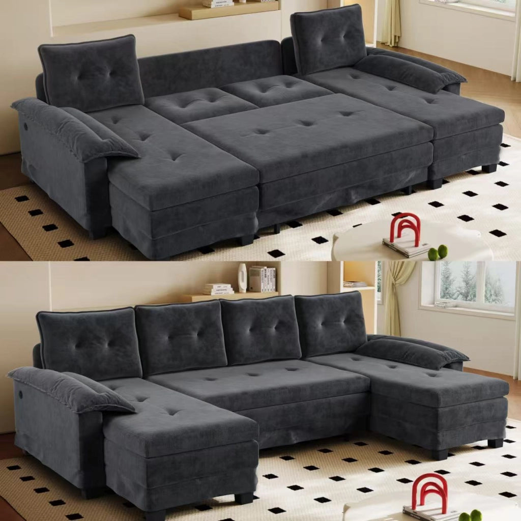 Divano Letto Angolare Modulare ¨C MINIMAL ¨C Grigio, con USB, Braccioli Rimovibili, 278 cm