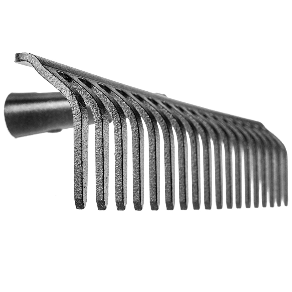 Rastrello per foglie in acciaio KADAX a 18 denti, senza manico, per terra ed erba.