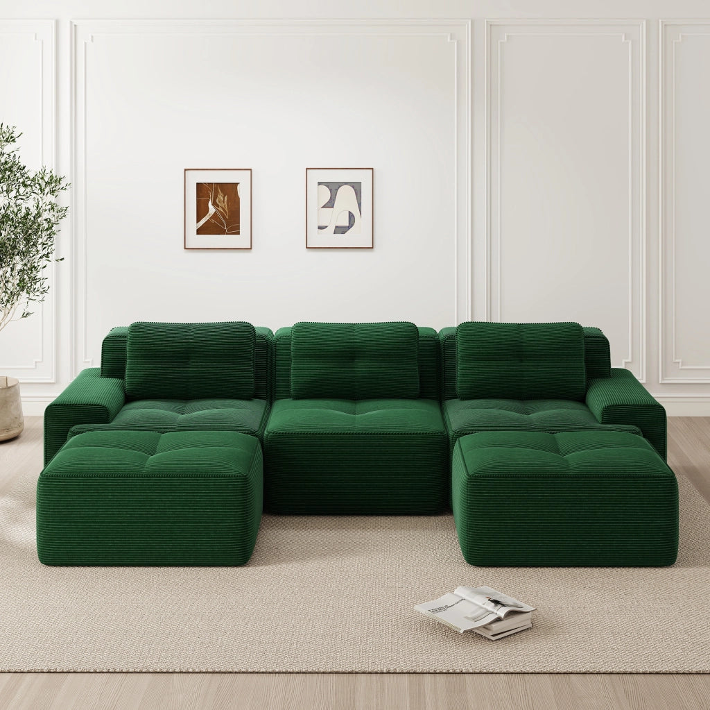 Divano modulare a U 293x177x69 cm in velluto a coste verde; senza montaggio