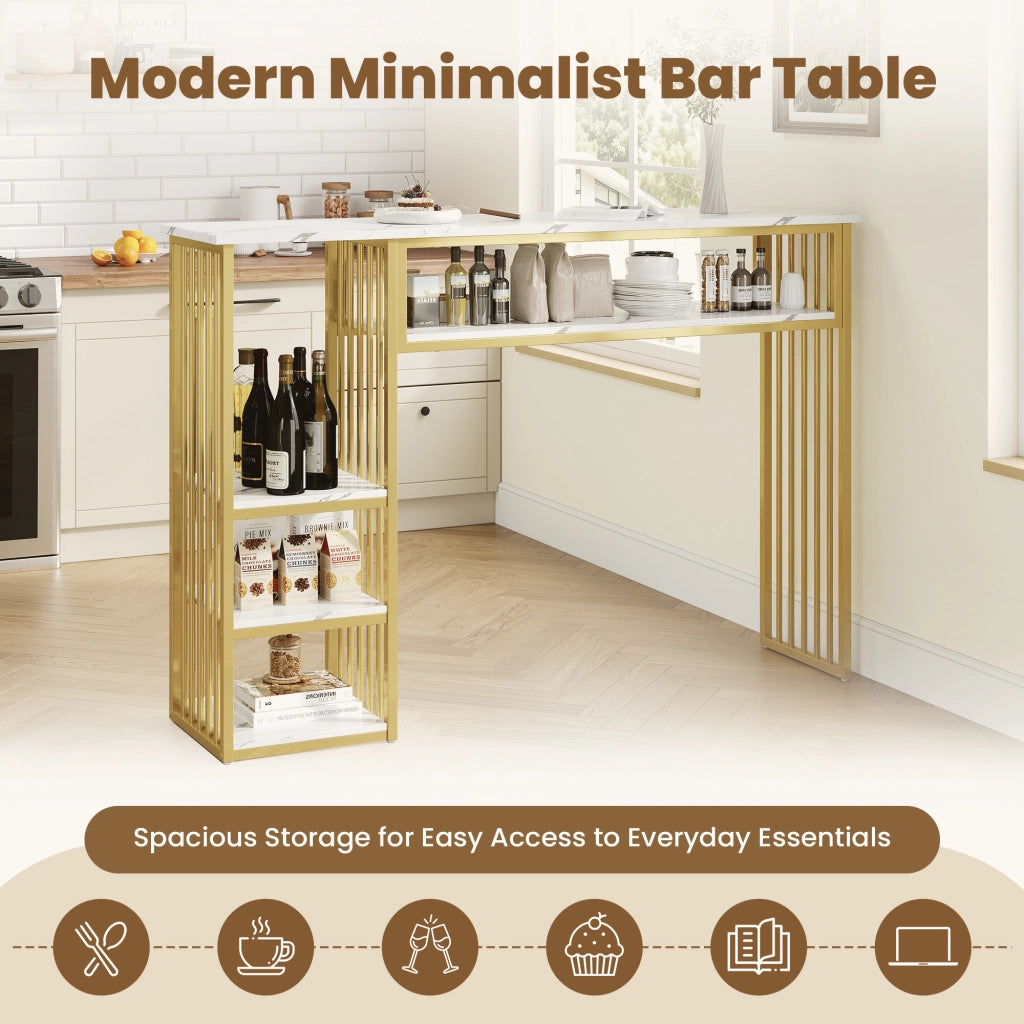 Tavolo da bar con ripiani aperti e struttura in metallo, piano in MDF effetto marmo, per cucina e sala da pranzo, 140 × 40 × 105 cm