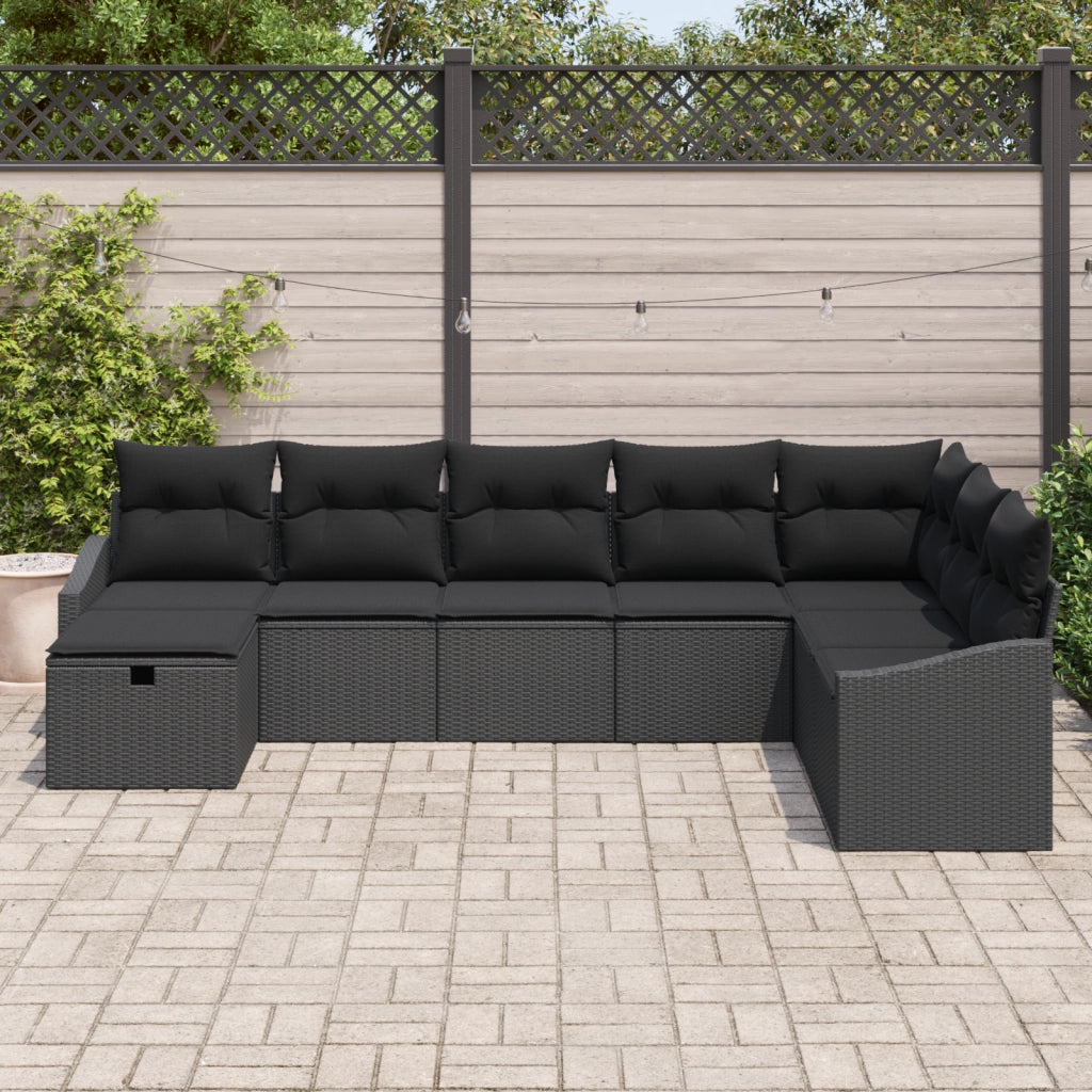 Set Divano da Giardino 8 Pezzi con Cuscini Nero Polyrattan