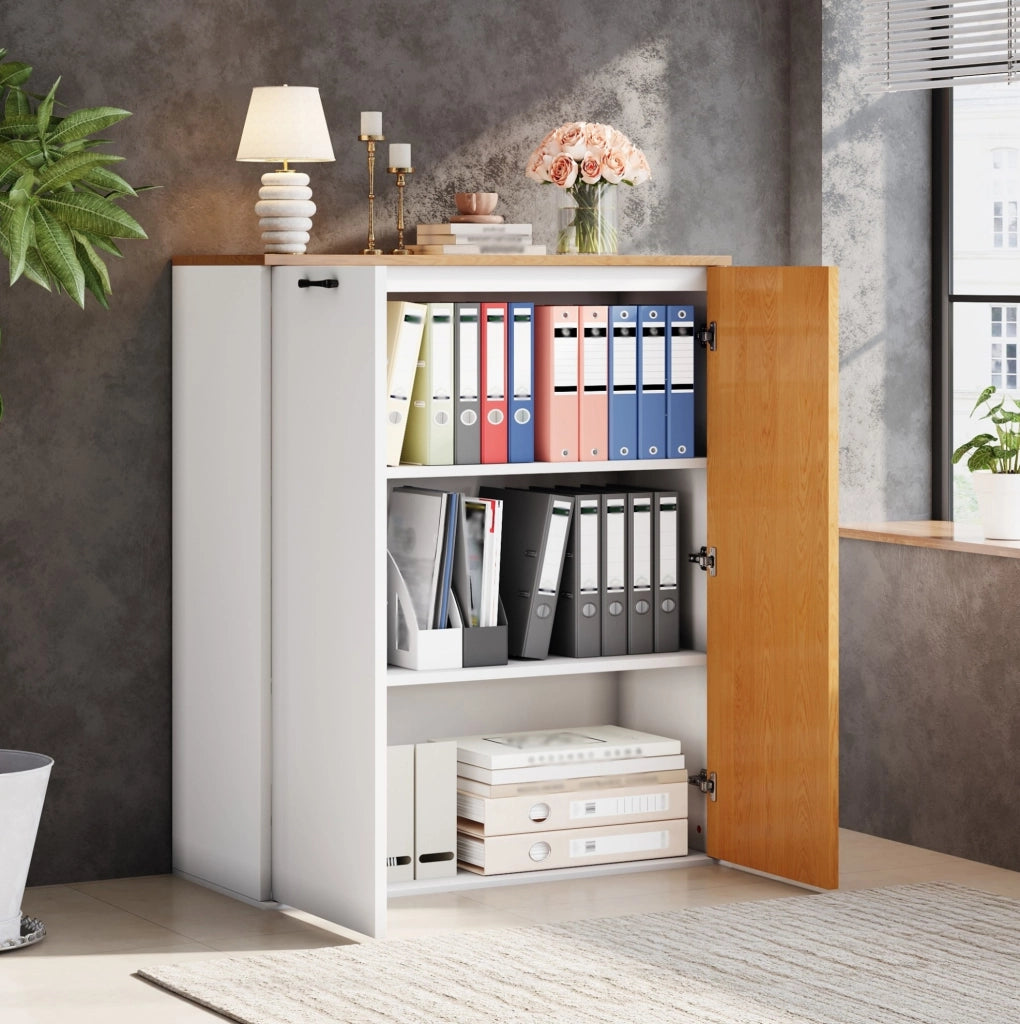 Mobile contenitore con ante e frontale a doghe; 80 x 40 x 110 cm; MDF bianco e rovere