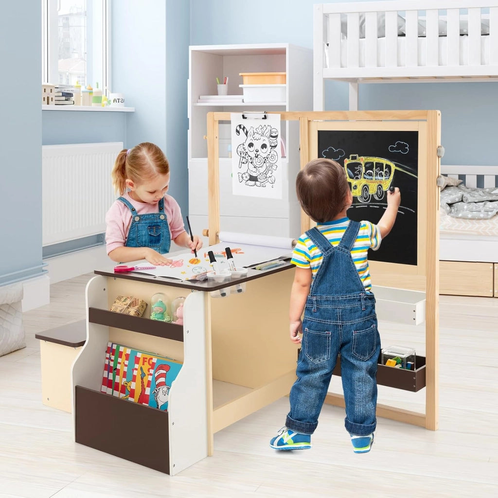 Set 3 in 1 Tavolo e Sedie per Bambini 3+ Anni, Tavolo in Legno Sicuro con Lavagna Cancellabile, Magnetica, Cavalletto Regolabile, Libreria e Accessori Artistici, per Disegno (Caffè)