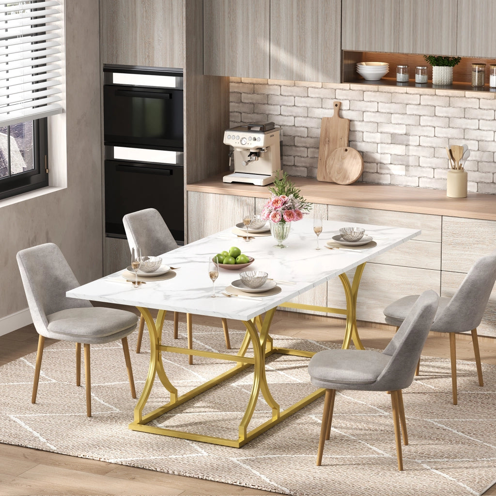 Tavolo da pranzo per 8-10 persone con piano effetto marmo e gambe in metallo dorato, per soggiorno, 200 × 80 × 76 cm