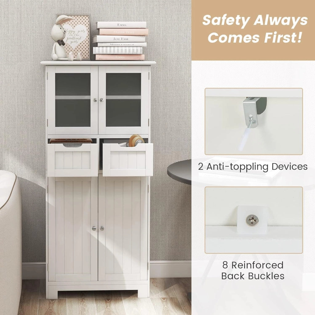 Mobile Bagno con 4 Ante + 2 Cassetti, Armadietto Multifunzione Salvaspazio 60x30x128cm, Design Modulare per Casa, Toilette e Cucina, 2 Colori Scelta & Facile Pulizia