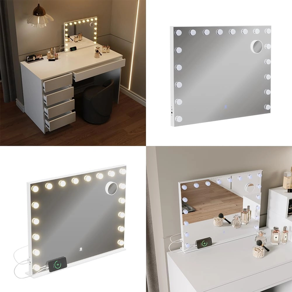 Specchio da toilette Greta, Bianco, 80 x 61 cm con illuminazione a LED, con specchio cosmetico integrato 10x e porta USB