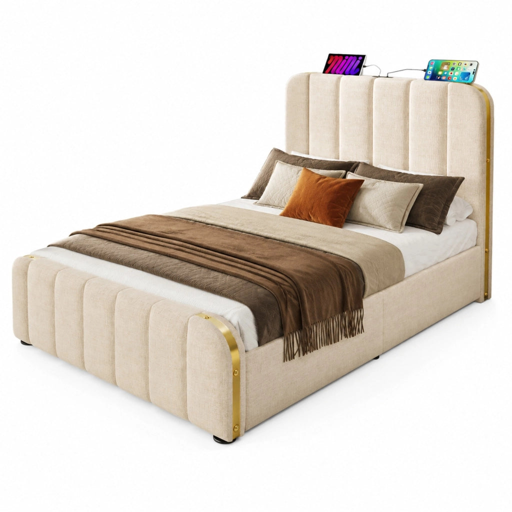 Letto singolo 90x200 cm in lino beige con testiera imbottita; USB e contenitore idraulico