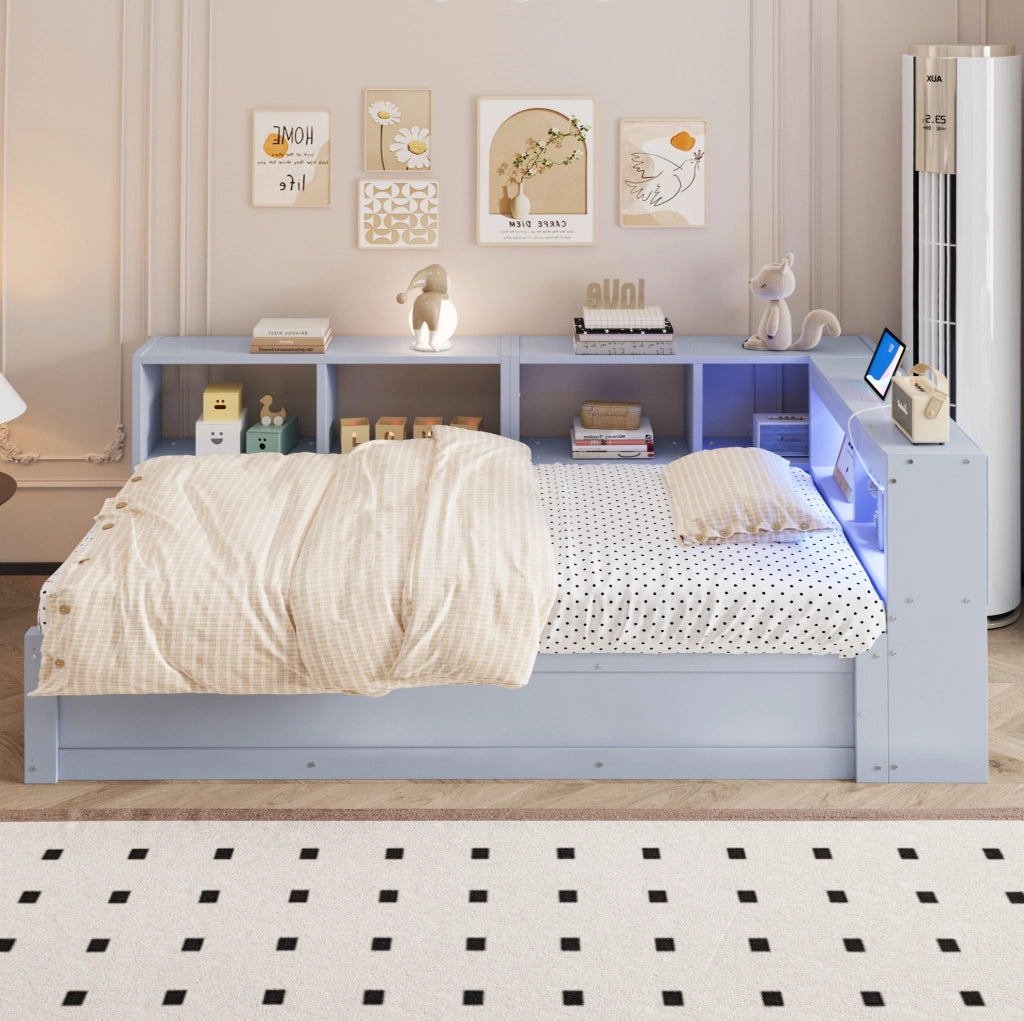 Letto multifunzione 90x200 cm con presa; contenitori e LED grigio