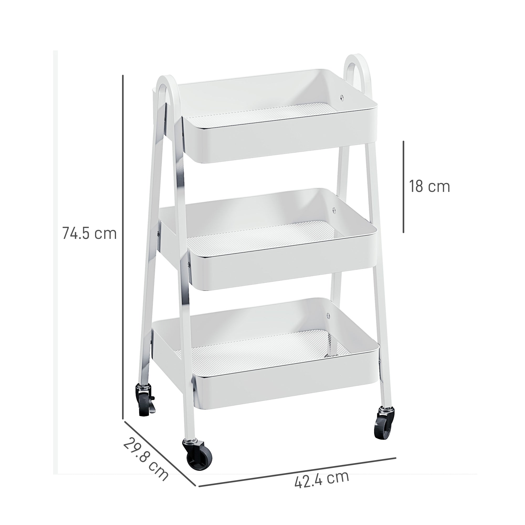 Carrello da Cucina Multiuso a 3 Livelli 42,4x29,8x74,5H cm con Ruote e Freno Bianco