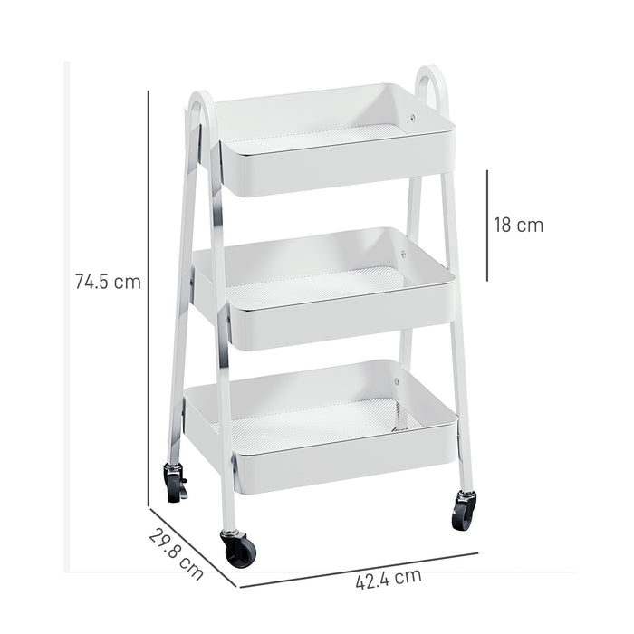 Carrello da Cucina Multiuso a 3 Livelli 42,4x29,8x74,5H cm con Ruote e Freno Bianco
