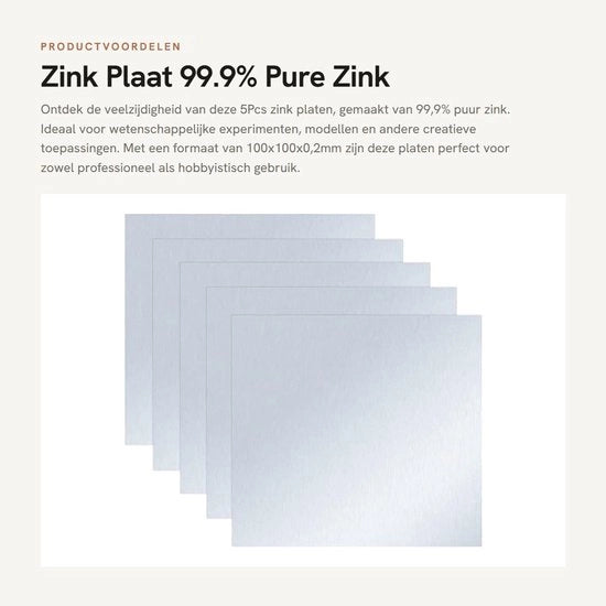 Piatti di Zinco - 99,9% Puro Zinco - Ideali per Utilizzo Scientifico - 100x100x0,2mm - Foglio Metallico di Alta Qualità - Set di 5 Piastre