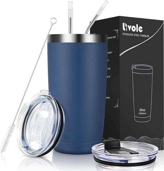 Bicchiere termo 600 ml per uomo e donna, bicchiere da viaggio, bicchiere a stelo e tappo in acciaio inossidabile, doppio strato, bicchiere a vuoto, bicchiere da campeggio per caffè, colore marina blu