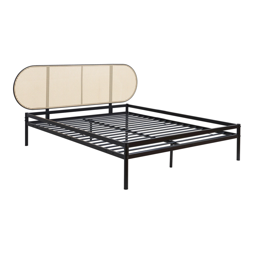 Letto Matrimoniale Linköping 160x200 cm Giroletto in Metallo Nero con Testiera Ovale Effetto Rattan [en.casa]