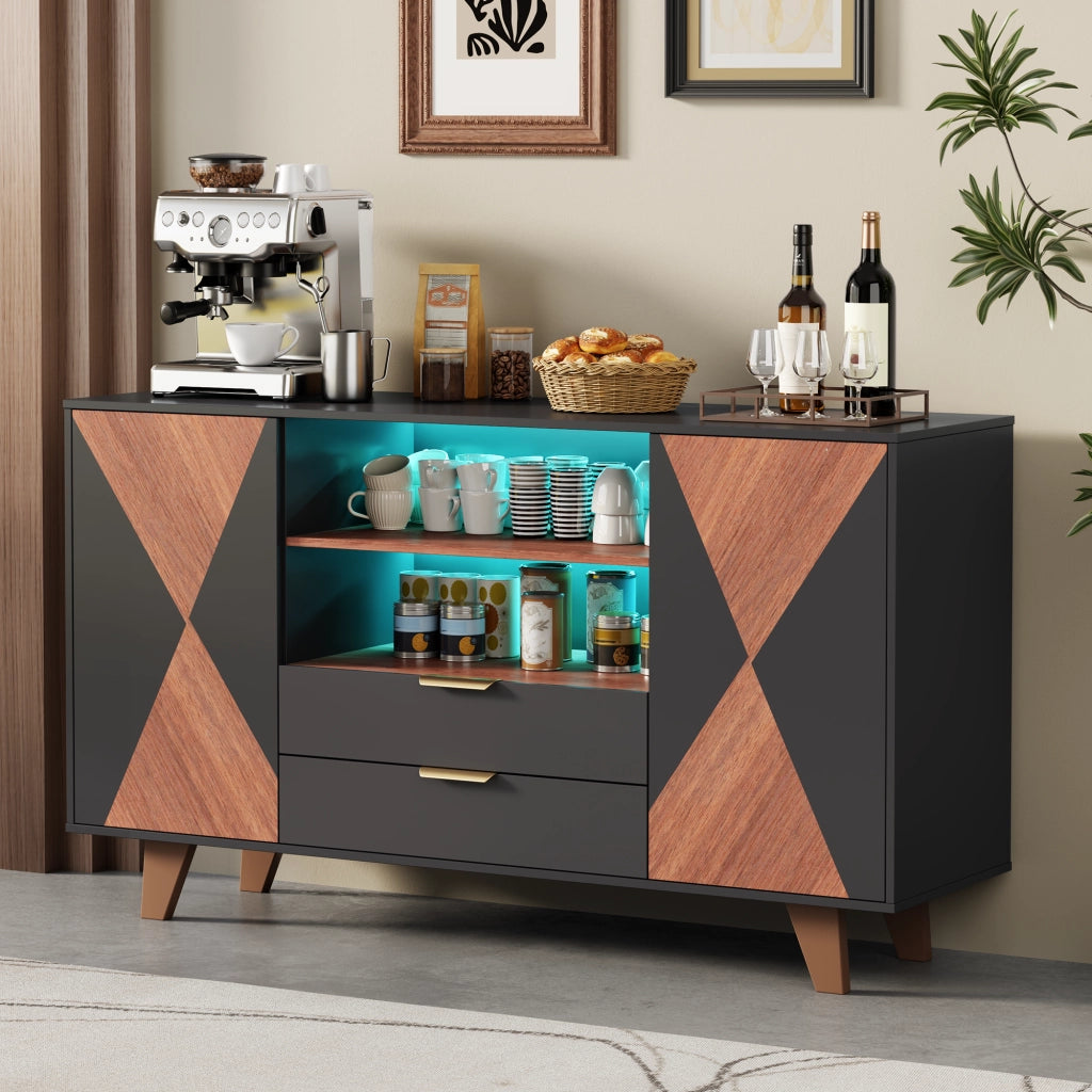 Credenza multifunzione con LED RGB, 2 cassetti, ripiani regolabili e vani aperti, 150 × 40 × 90 cm