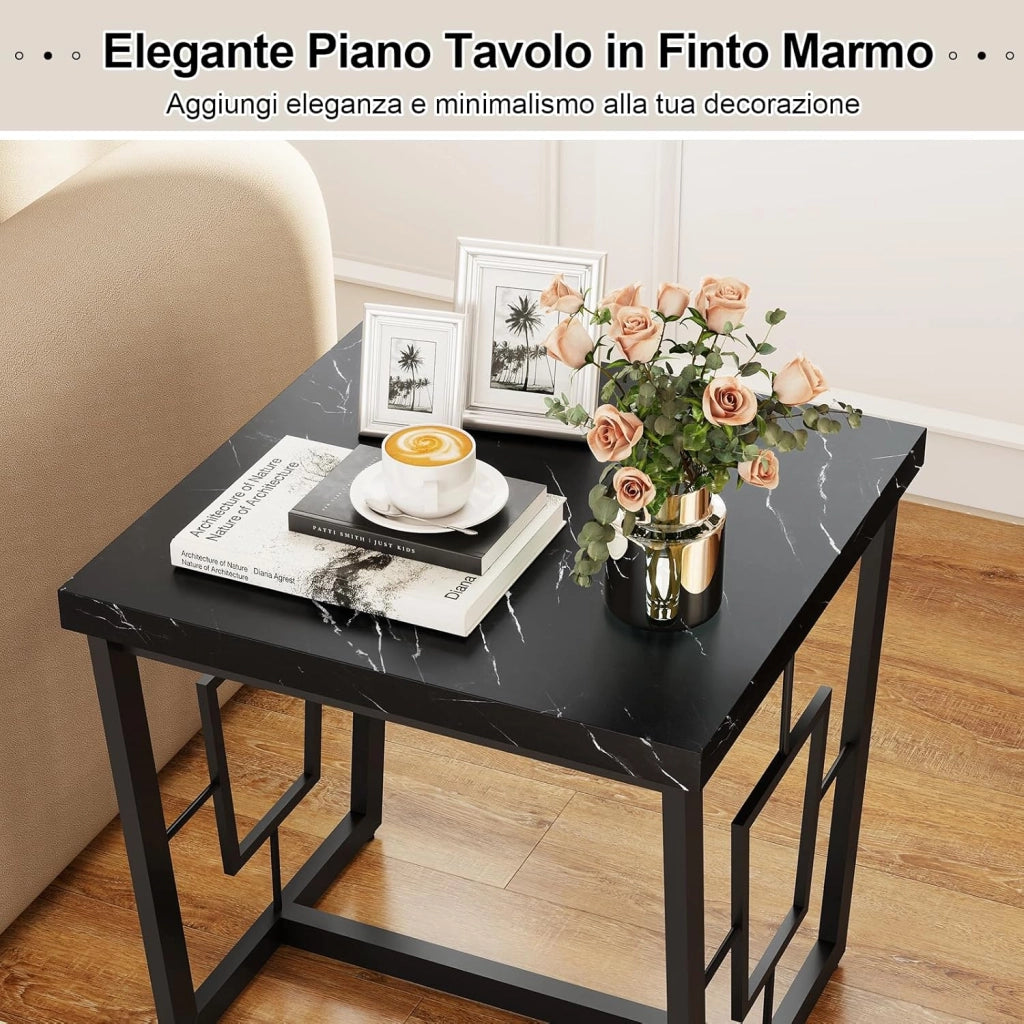 COSYWAY Tavolino da Salotto Quadrato, Tavolino Laterale Moderno con Piano in Marmo Sintetico, Solida Struttura in Metallo e Base a Forma di H, Mobile Versatile per Camera da Letto e Soggiorno