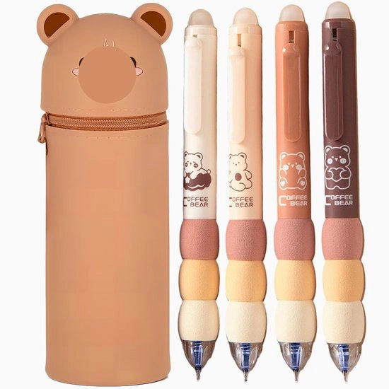 Etui 2-in-1 in silicone con beer, con 4 pennelli a gomma cancellabili, etui in piedi, etui con beer, per materiali scolastici, etui per bambini