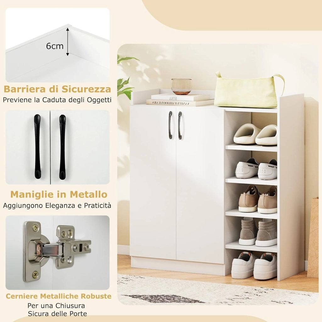 Armadio Porta Scarpe, Scarpiera con Ripiani Regolabili a 3 Posizioni, Mobiletto Multifunzionale a 2 Ante con 5 Scomparti Aperti, per Ingresso, Corridoio, Soggiorno, 83 x 31 x 91 cm (Bianco)