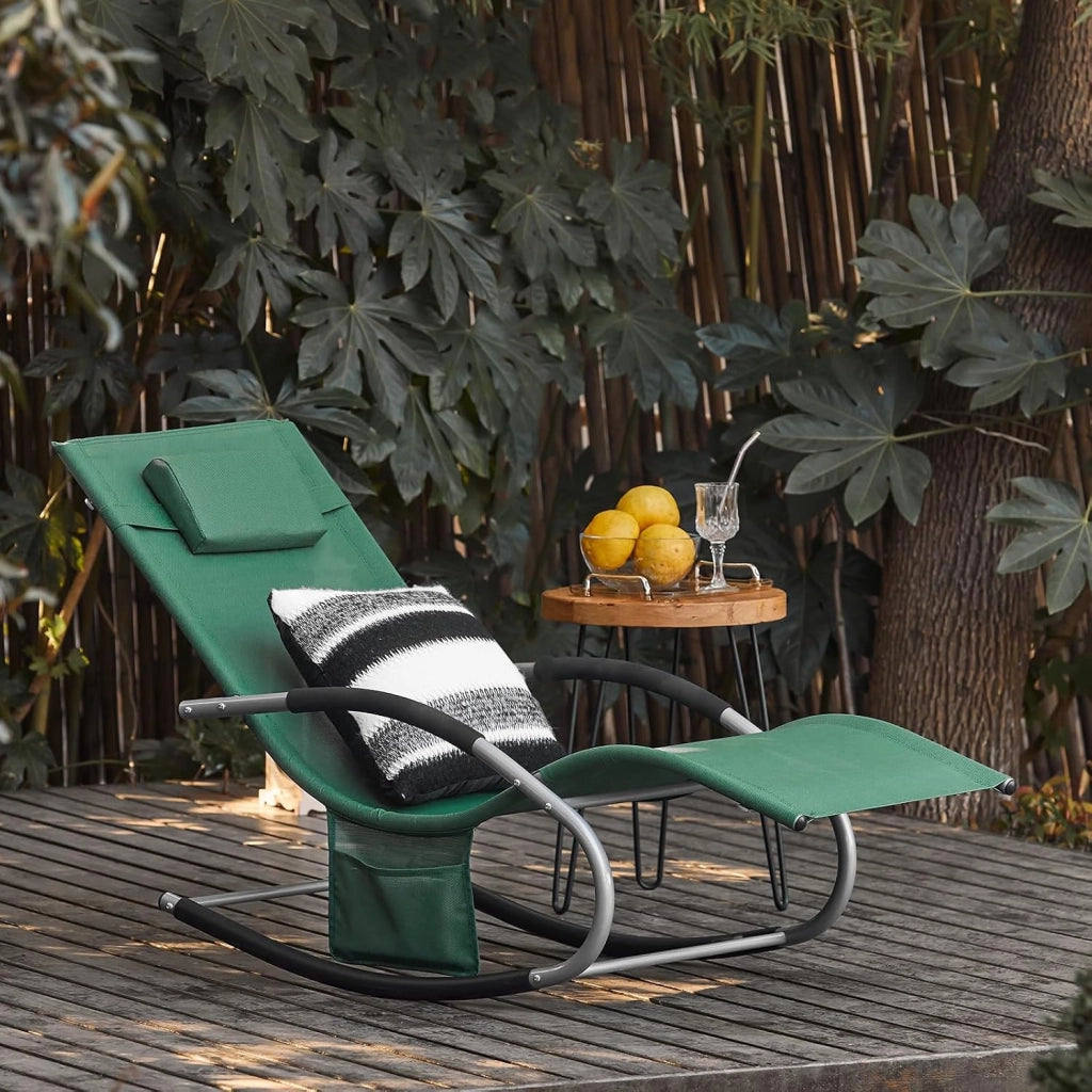 Set di 2 sedie a dondolo da esterno Poltrone sedie sdraio da giardino con cuscino e poggiatesta portata fino a 150 kg Verde Scuro OGS28-WDX2