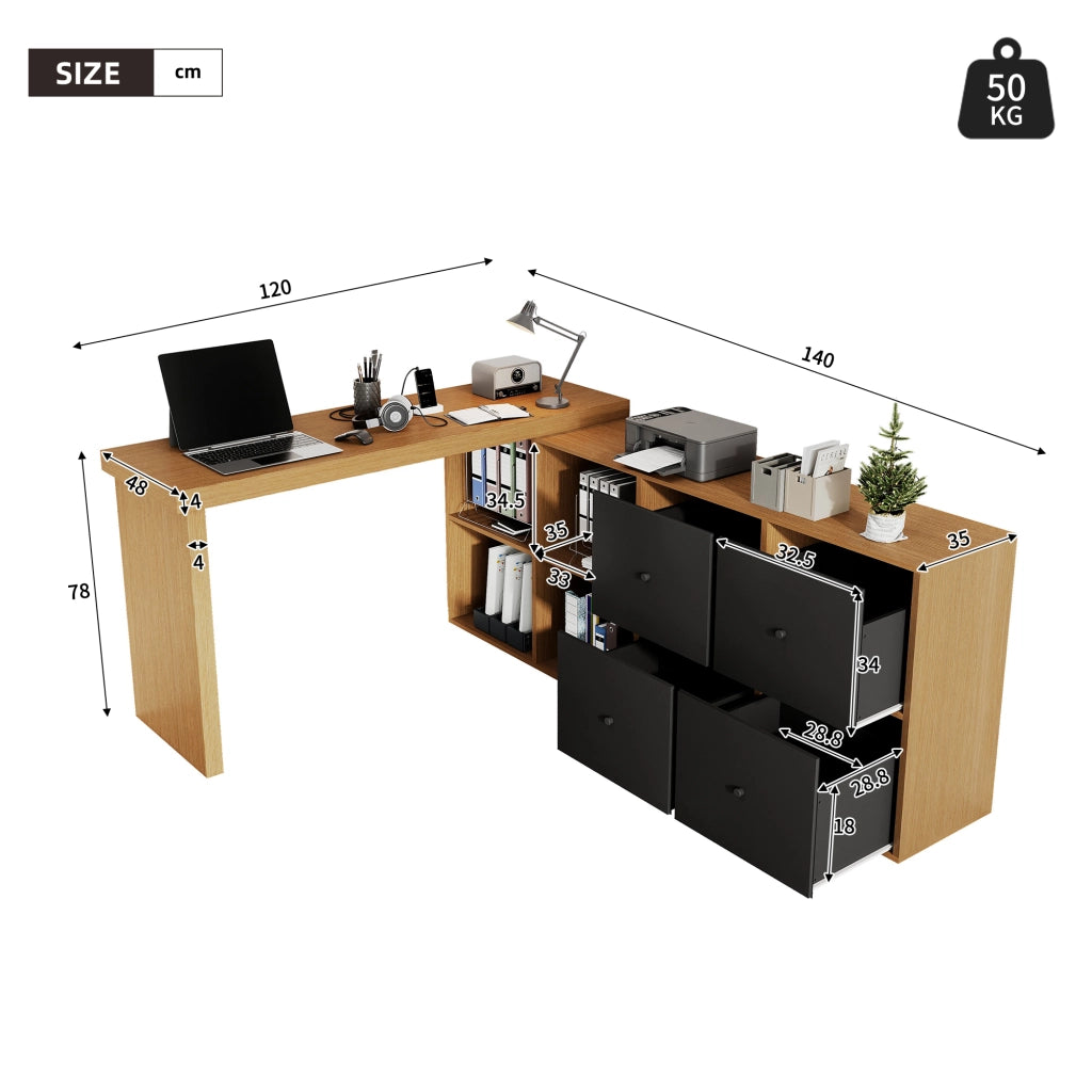 Scrivania angolare girevole a 360° con 4 vani aperti e 4 cassetti, in MDF, per ufficio e home office