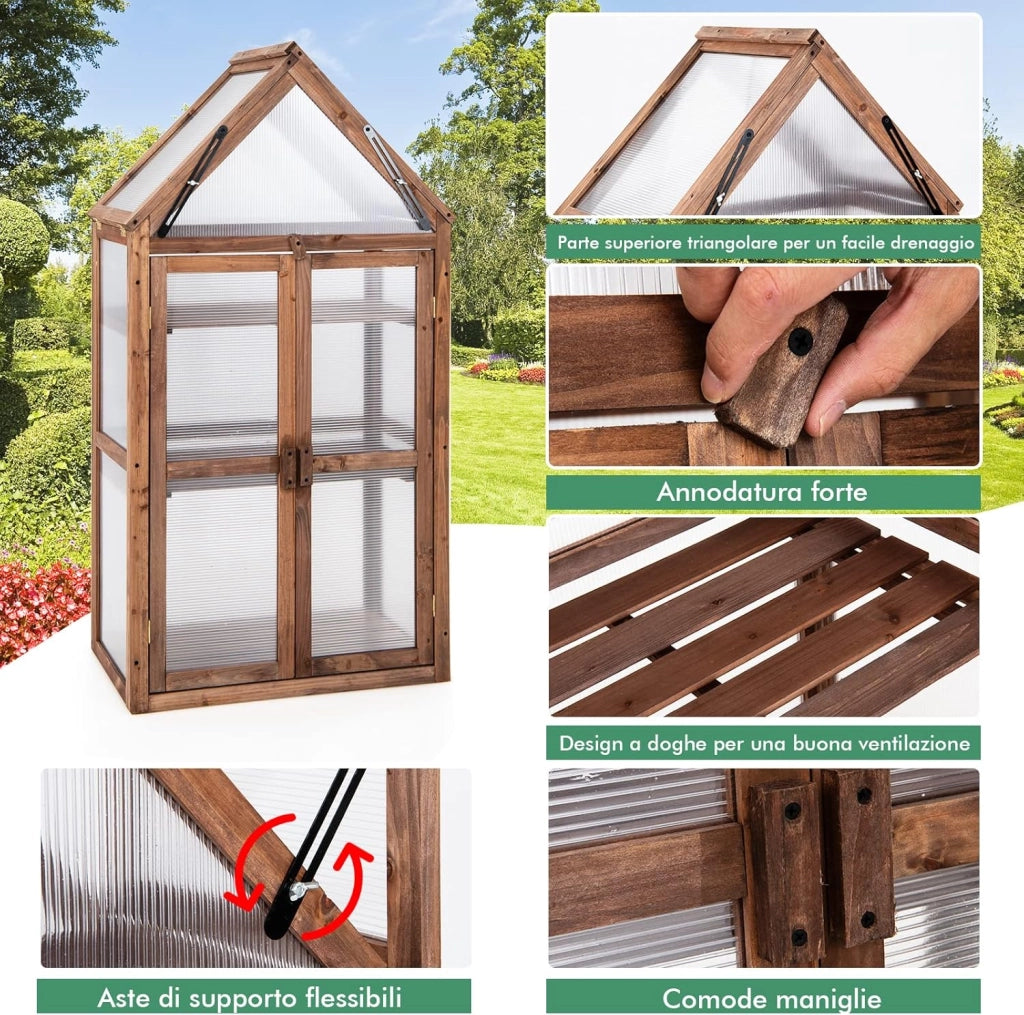 Mini Serra da Giardino in Legno a 3 Livelli, Serra da Giardino con Coperchio Apribile, Ripiani Rimovibili, Serra a Forma di Casetta da Interno ed Esterno, 71 x 41 x 133 cm