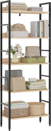 Libreria Scaffale a 5 Livelli, Libreria Verticale Struttura in Metallo per Soggiorno/Camera da Letto/Studio, 60x27,5x160cm, Bianco + Rovere chiaro