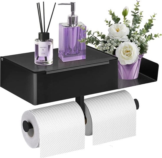 Sostegno per carta igienica con contenitore per tessuti umidi, sostegno per carta igienica, non perforante, sostegno per carta igienica in acciaio inossidabile, adatto per bagno e cucina con 2 contenitori per carta igienica, nero