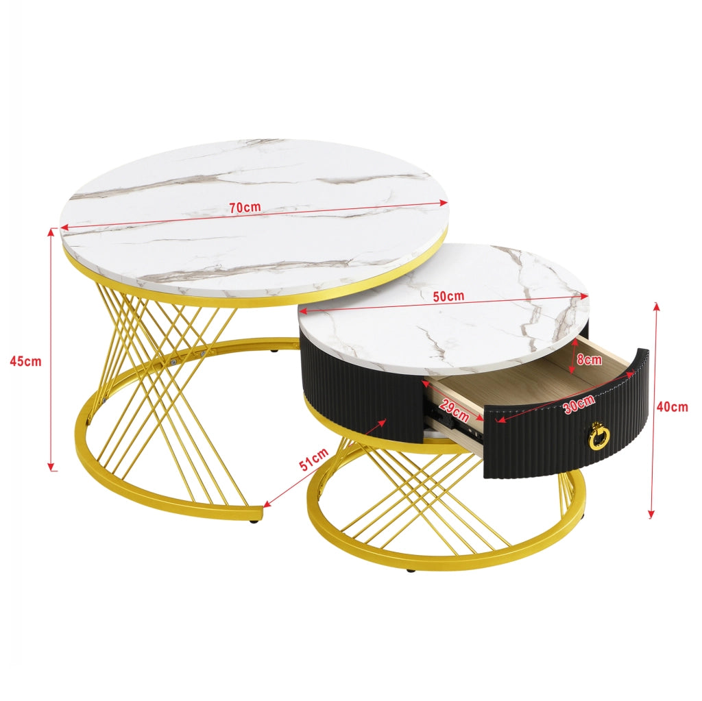 Tavolino da salotto 70x70x45+50x50x40 cm; set di 2 con cassetto; effetto marmo bianco e oro