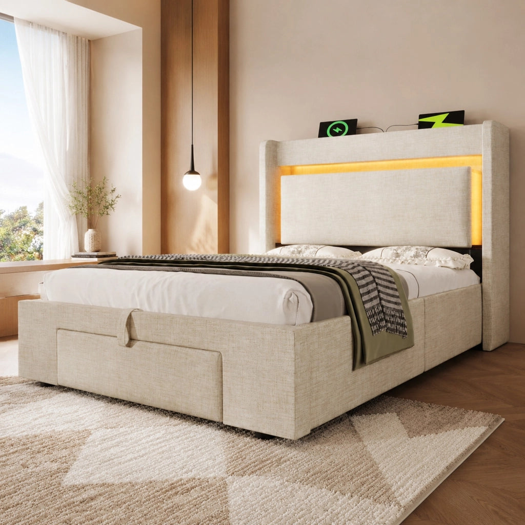 LETTO Contenitore 90x200 cm Beige in Lino con USB, USB-C e LED