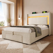 LETTO Contenitore 90x200 cm Beige in Lino con USB, USB-C e LED