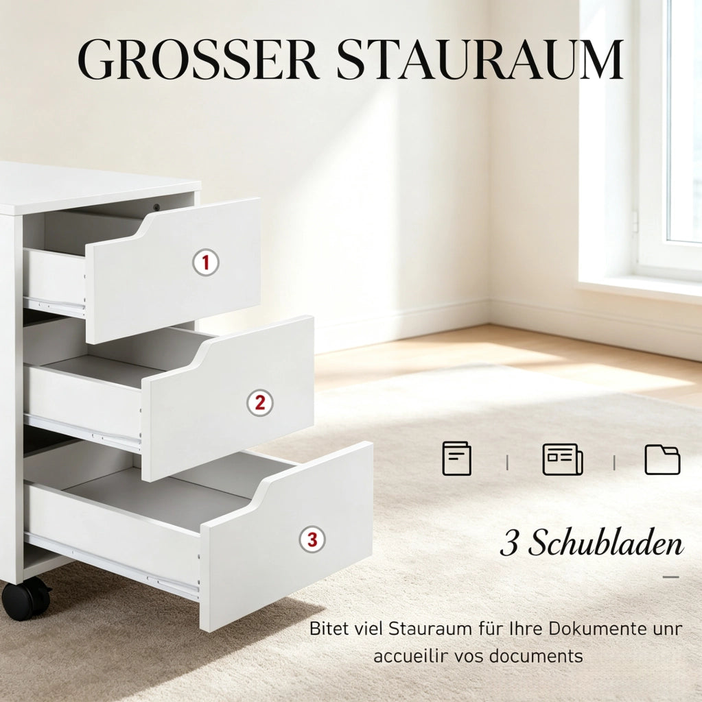 Mobile Rollcontainer aus MDF mit 3 Schubladen, 40x50x57,5 cm, Weiß