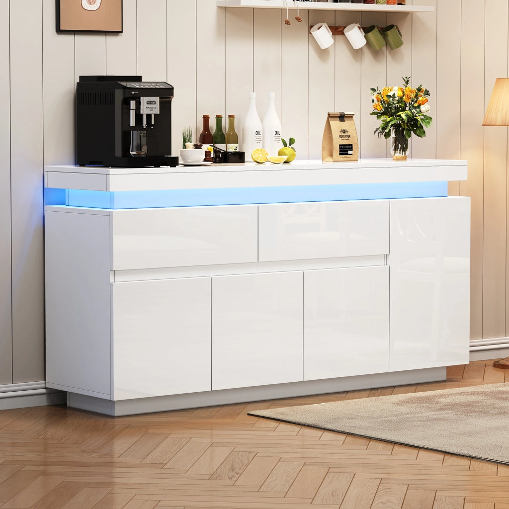 MADIA 140x35x72,5 cm Bianco lucido con 4 ante 2 cassetti e LED