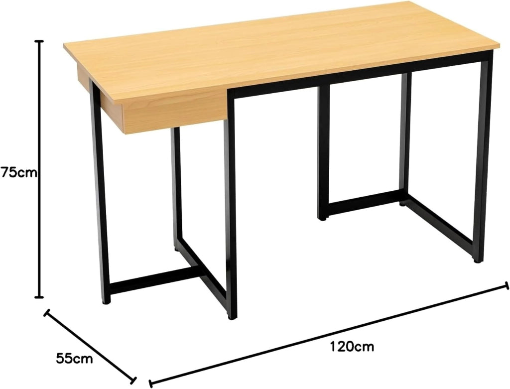 Scrivania con Cassetto, 120 × 55 cm, Scrivania per Computer con Telaio in Metallo Rinforzato e Poggiapiedi Regolabili, Moderno Tavolo da Ufficio per Camera da Letto, Studio e Ufficio
