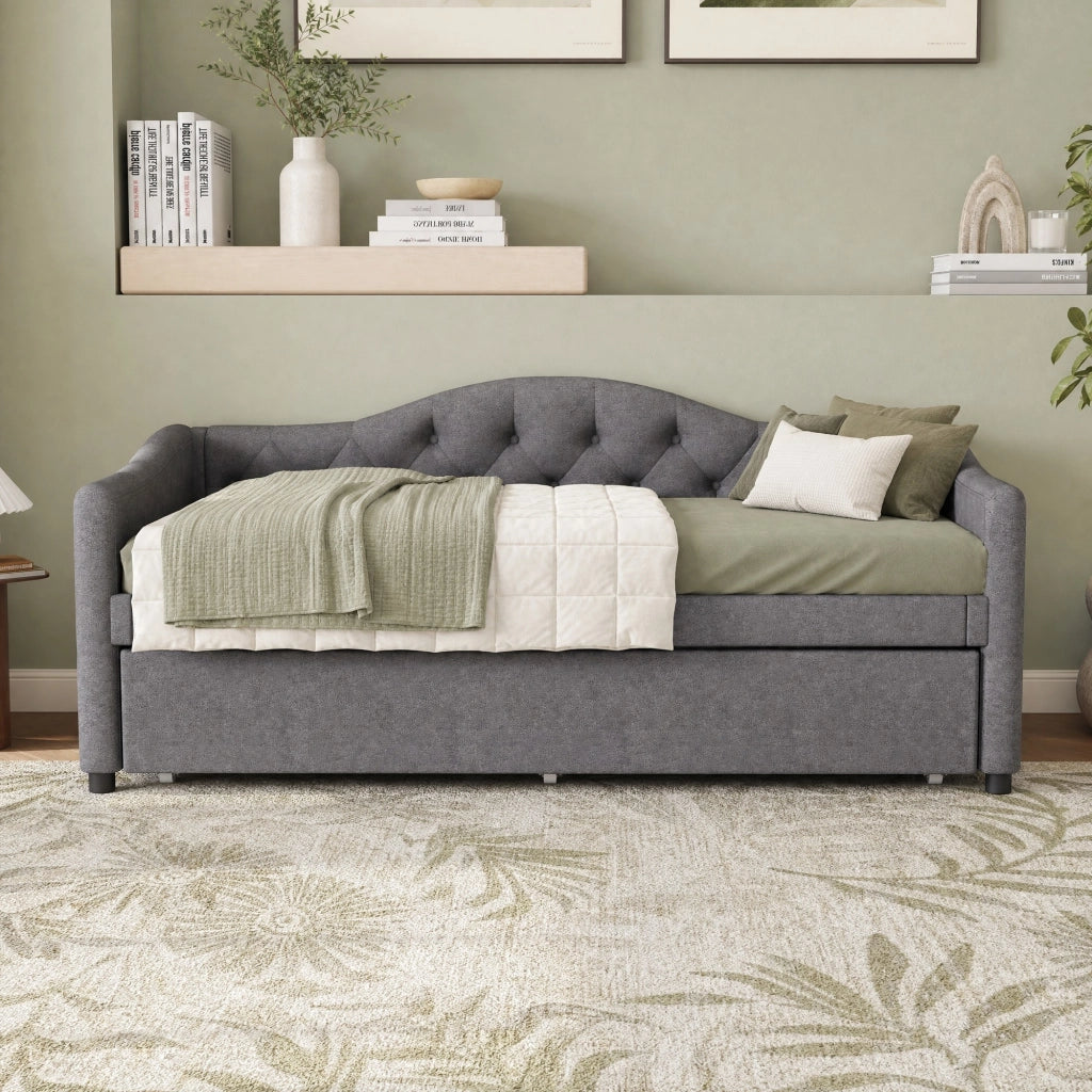 Letto singolo daybed 90x200 cm con letto estraibile, divano letto in lino grigio