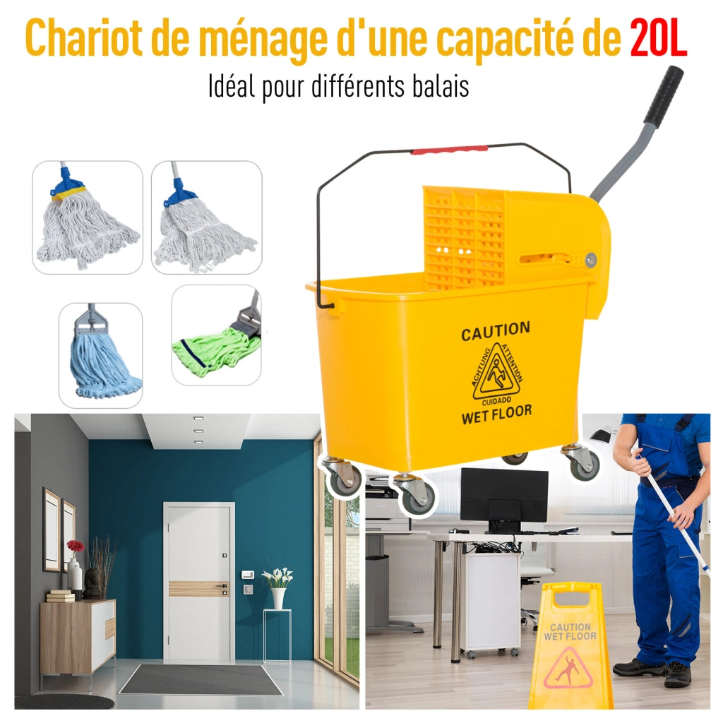 Carrello per pulizia con secchio 20L, strizzatore e separatore acqua ¨C zephmum ¨C giallo 60x27x70.5 cm