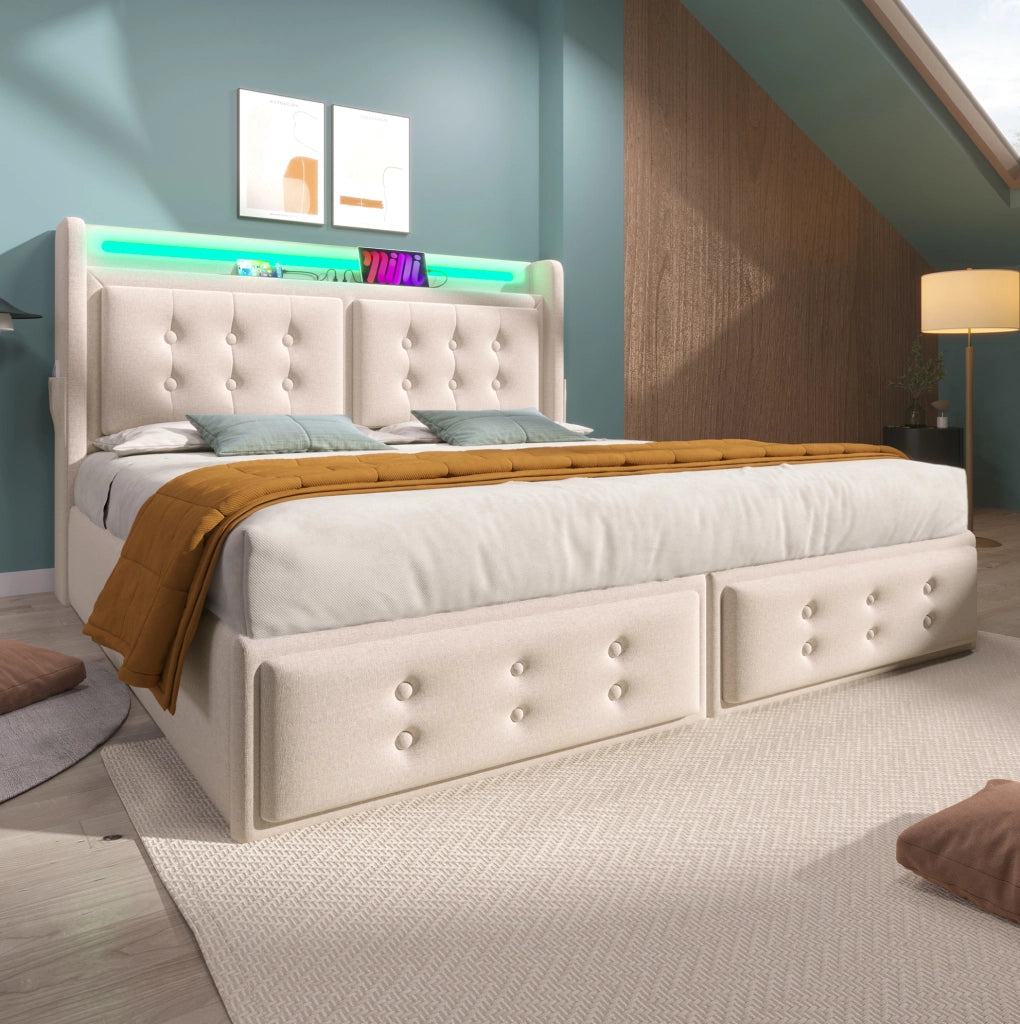 Letto contenitore 140x200 beige con LED, prese USB-C e rete a doghe