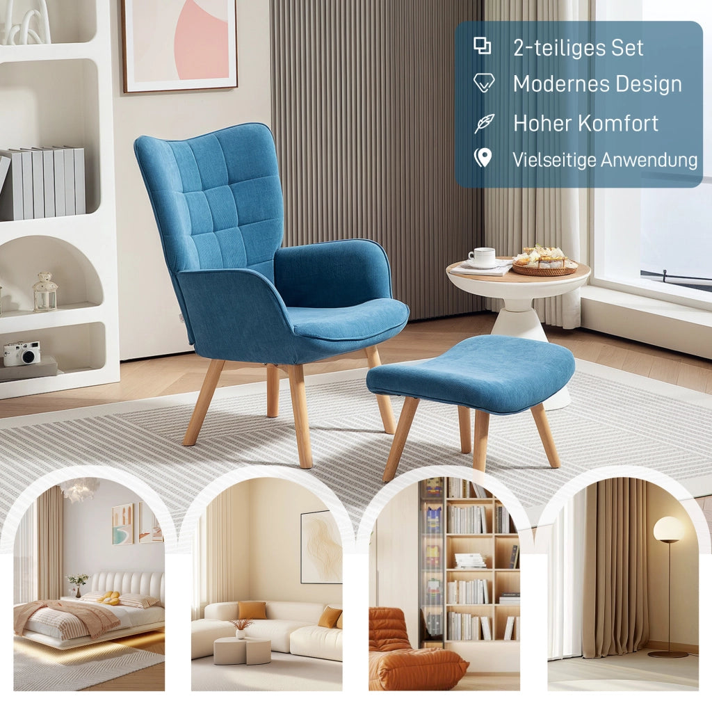 Poltrona Relax con Poggiapiedi in Cord ¨C Zephmum ¨C Blu, Gambe in Legno