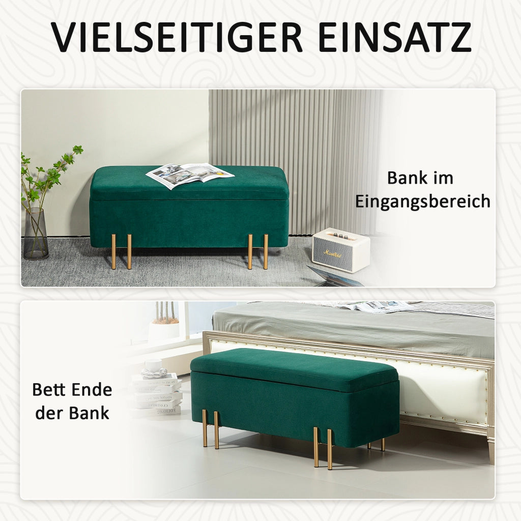 Panca contenitore in poliestere con ampia capienza e piedi in metallo galvanizzato verde per casa 100 × 40 × 42 cm
